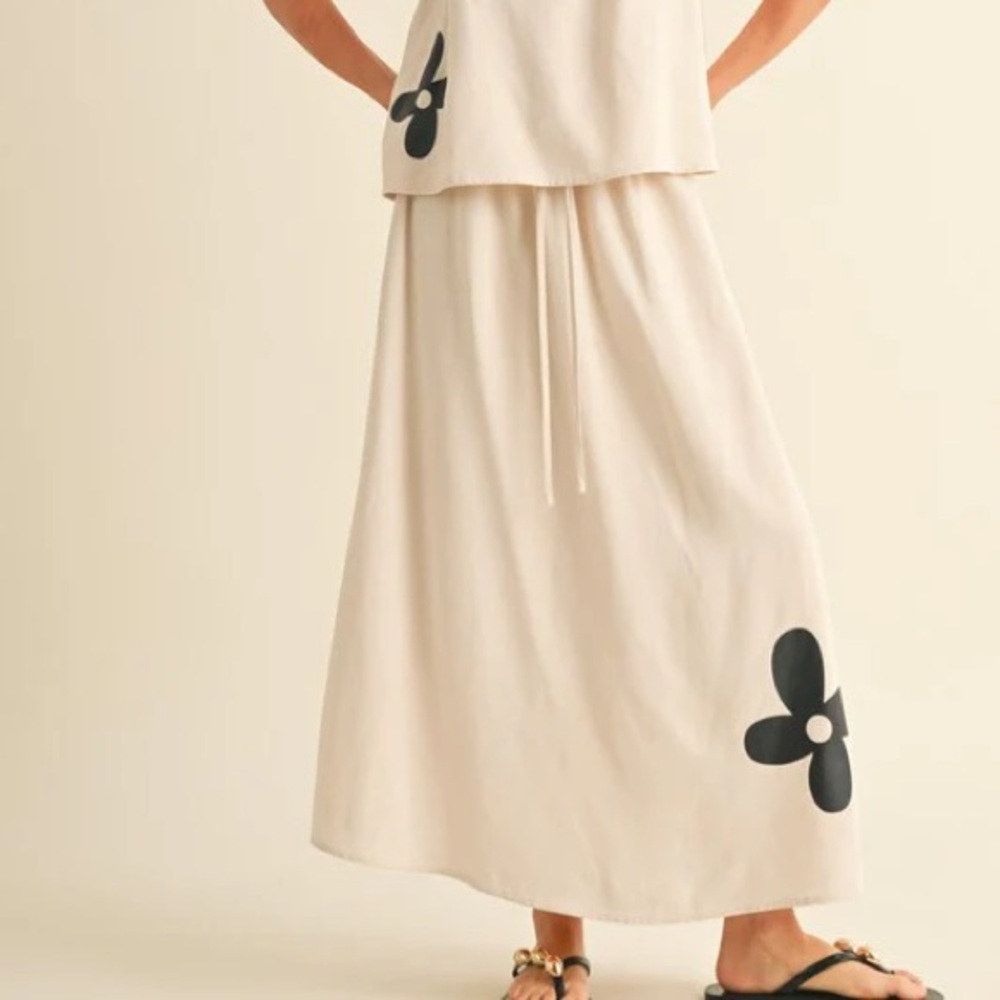 Floral Print Linen Flared Midi Skirt Size S